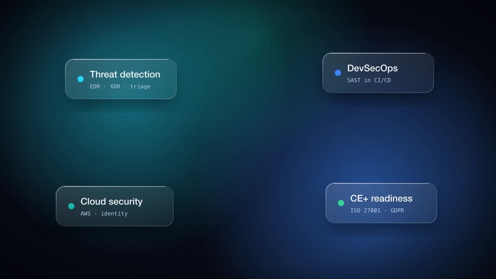 A 3D shield surrounded by glass cards for threat detection, DevSecOps, cloud security and CE+ readiness